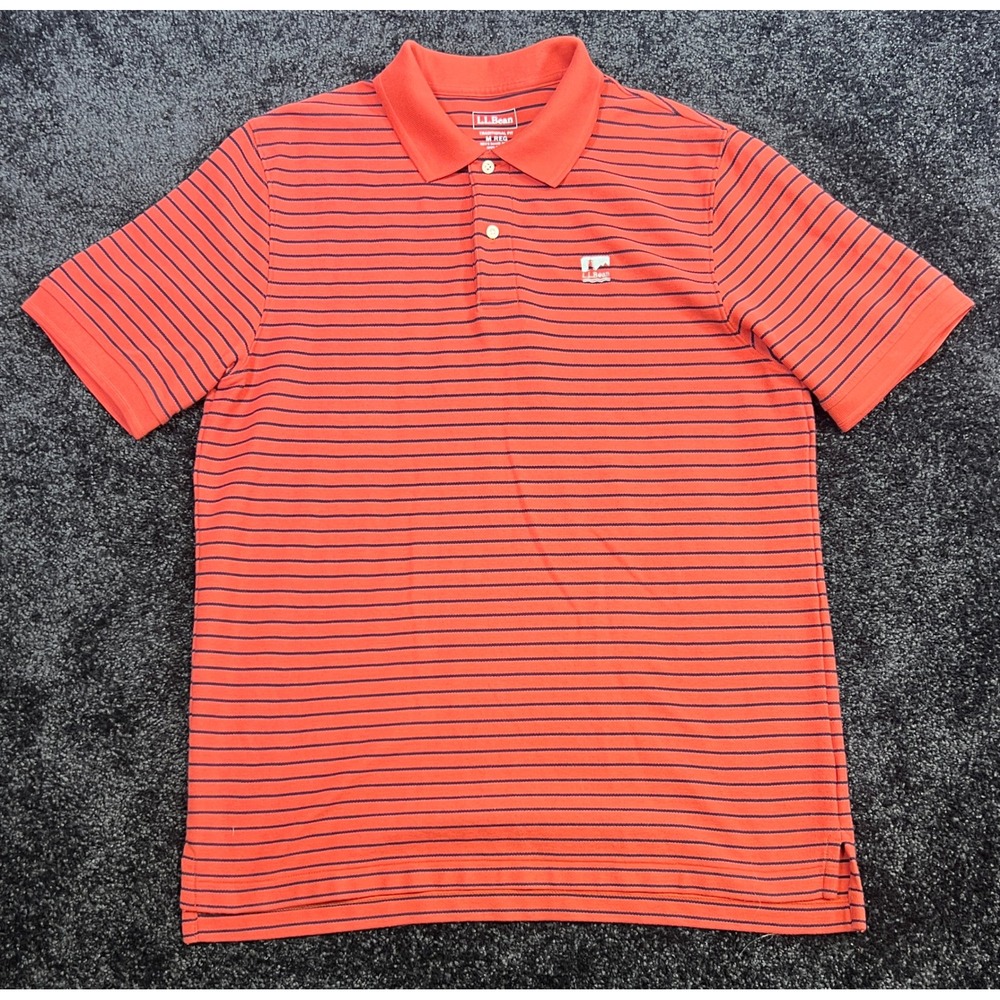 L.L.Bean Mens Polo Shirt Medium M REG Orange Striped Logo Traditional Fit‎